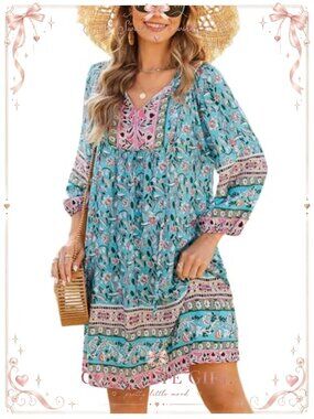 Women's Boho Floral Print V Neck 3/4 Sleeve Flowy Casual Summer Dress